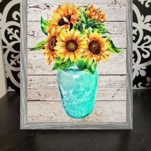 Framed 8x10 Sunflower Ball Mason Jar Bouquet  Rustic Farmhouse Decor Print